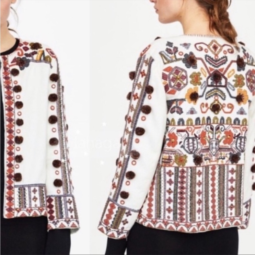 Zara Ecru Embroidered Pom Pom Jacket Size XL, fits like small